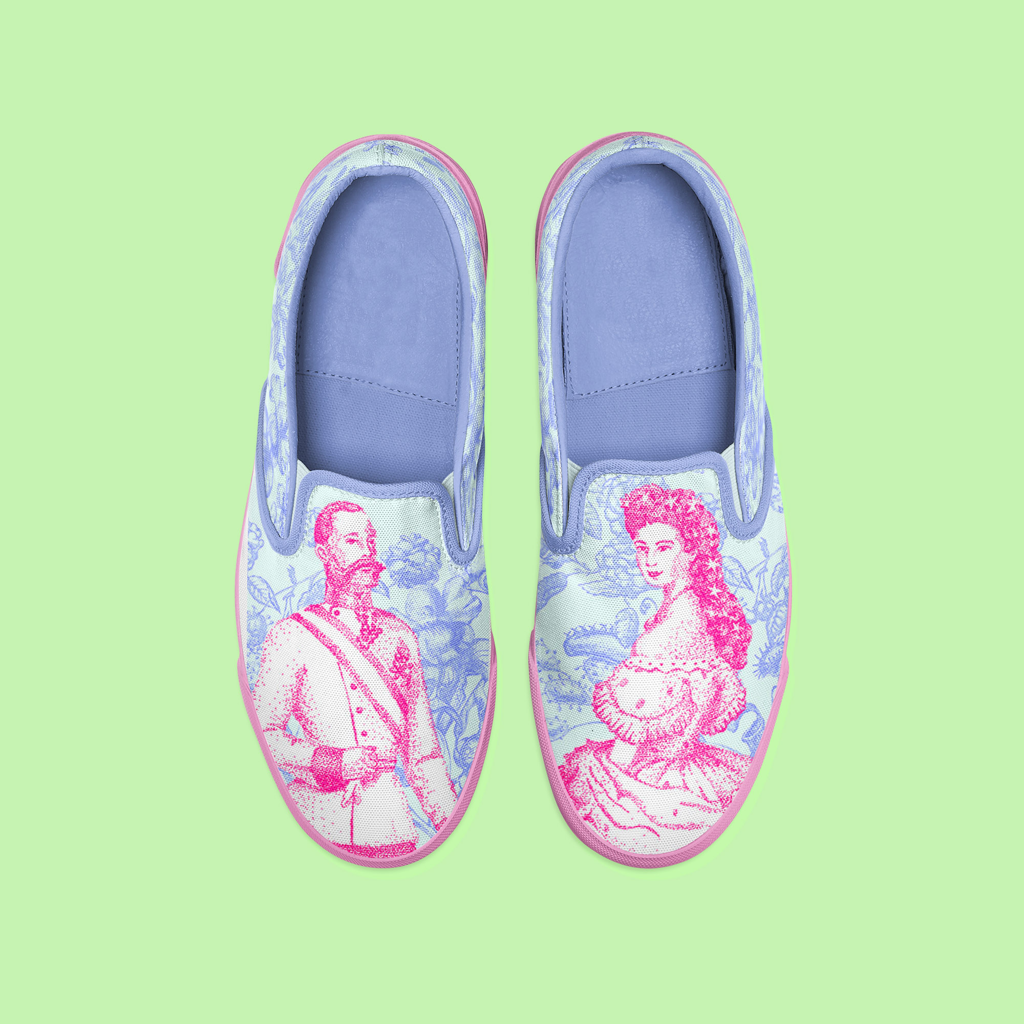 chaussures motifs Sissi et François Ferdinand d'Autriche, illustration au rotring