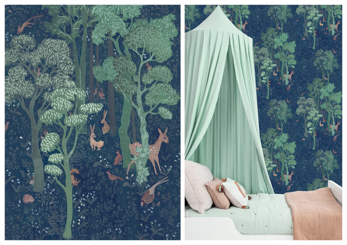 Papier peint balade en forêt, une collaboration Florie Nguyen Van et Atelier Ellia Green